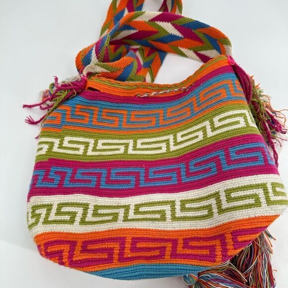 Wayuu Mochila Bag Colombian Neon Multicolor Tassels Boho Bright Crossbody - Picture 2 of 8